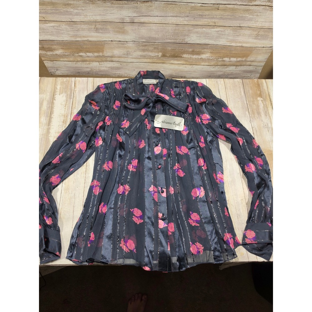 Adrianna Papell Saks Fifth‎ Avenue Vintage Silk Floral Metallic Blouse Navy 4